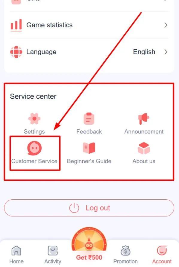 Account page displaying the “Service Centre” and “Customer Service” options